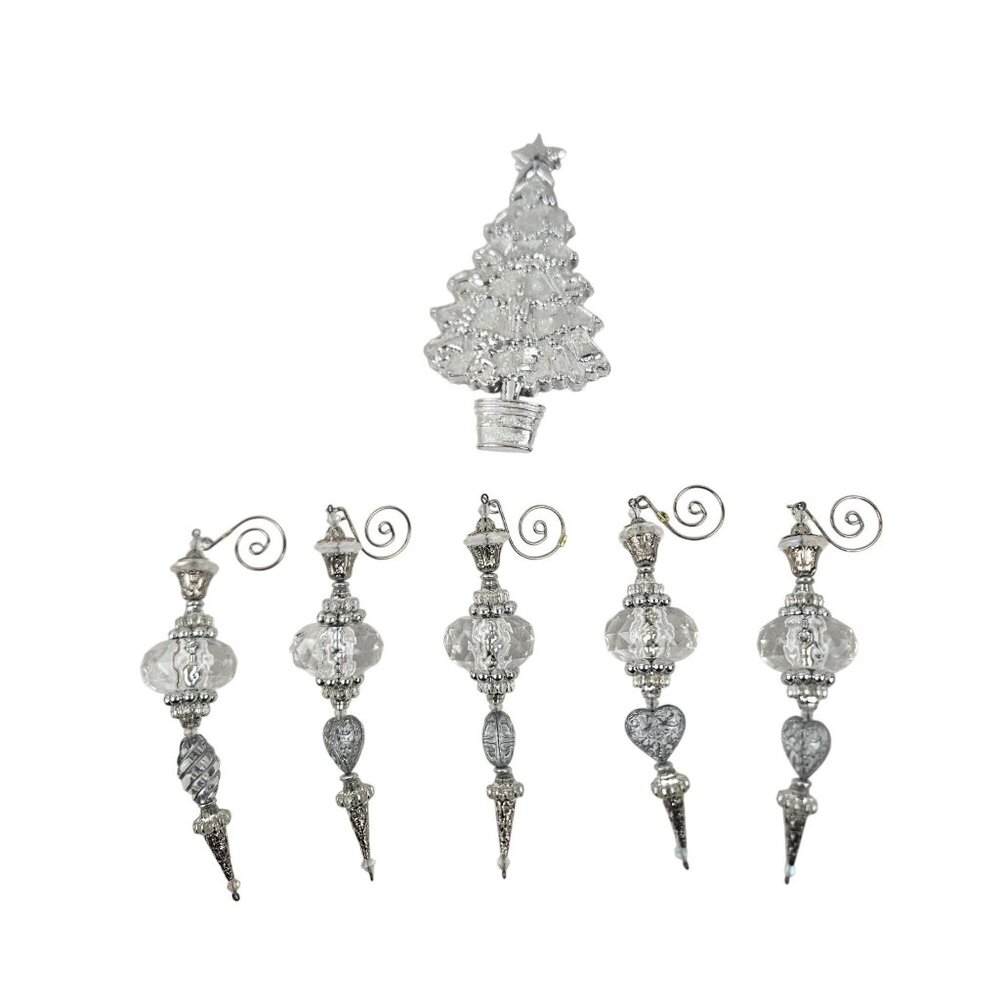 Silver And Clear Acrylic Ornaments  1 Christmas Tree Glitter 5 Finial Drop